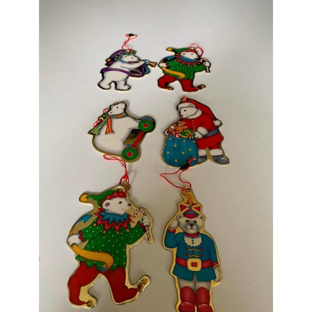 Vintage DAKIN 1988  Mini Cardboard Polar Bear Christmas Ornaments Lot 6 Ephemera
